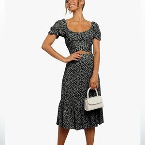 LYANER Women's 2 Piece Outfits Floral Self Tie Knot Crop Top and Midi Skirt Set